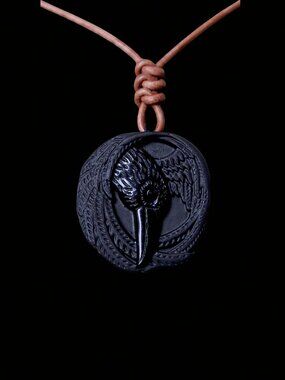 Viking Raven Pendant Necklace - Hand Knotted Soft Brown Leather Cord - Obsidian
